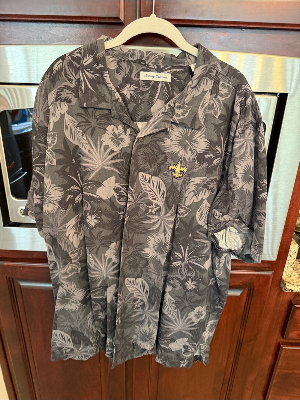 Tommy Bahama Black and Gray Floral Camp Shirt with Fleur-de-Lis Patch